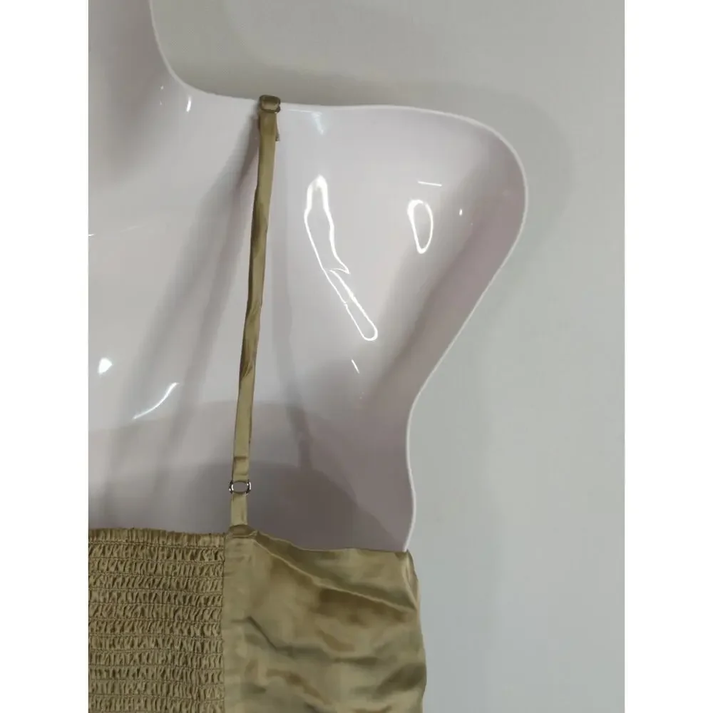 Aritzia Wilfred‎ Tan Skye Satin Spaghetti Strap Smocked Soft Mini Dress Womens 2